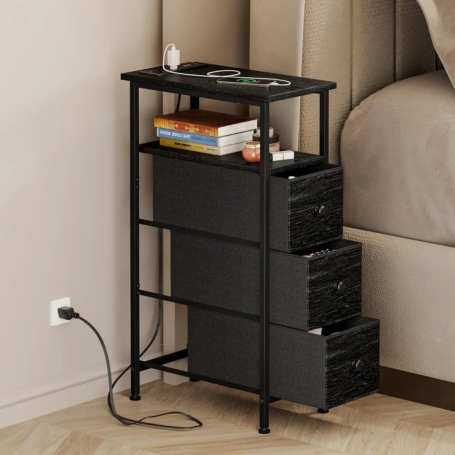 Narrow-sided table with charging station, small bedside table with 3 fabric drawers, slender bedside table, black.