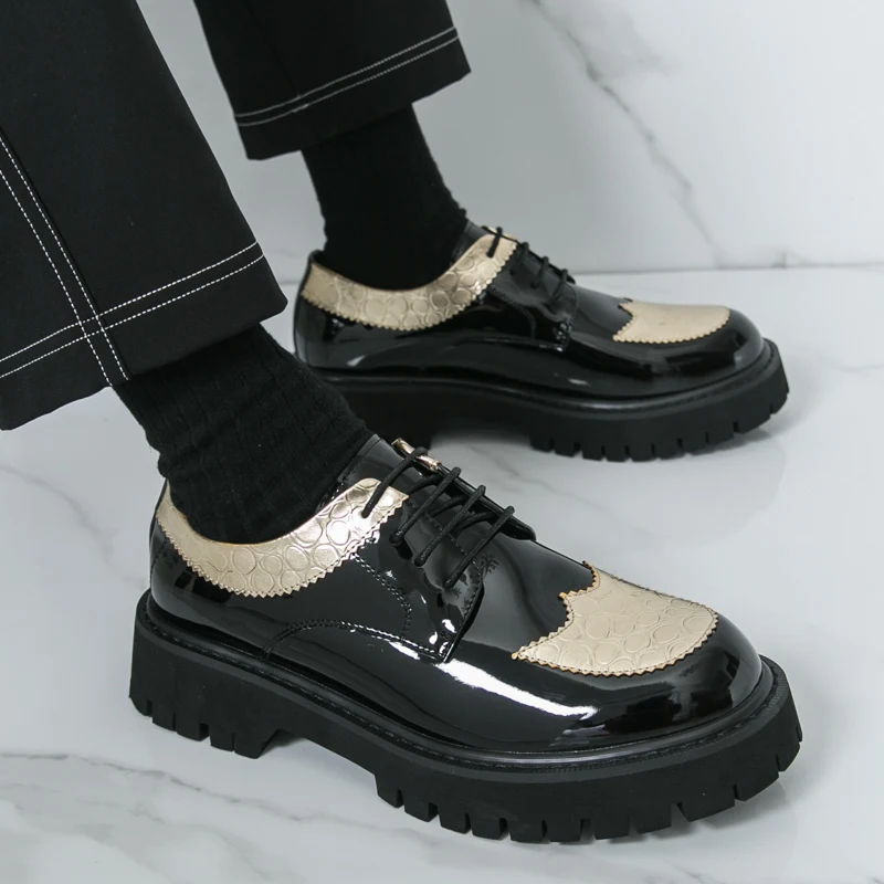 Men's thick soled leather shoes Classic casual style Work Fashion Party Trendy Streets lace-up Hot selling color blocking