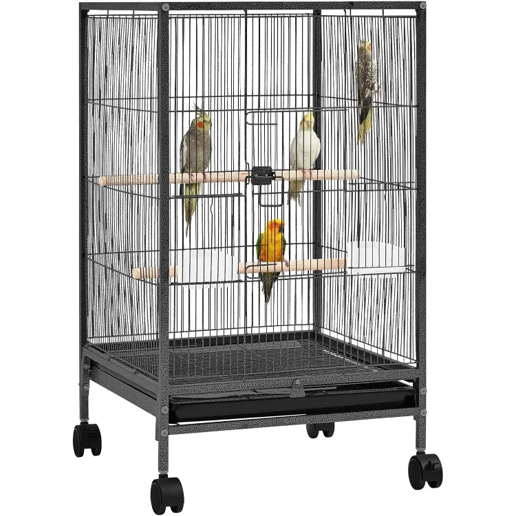 35 inch Wrought Iron Bird Cage w/Play Open Top and Rolling Stand for Small Birds Like Parrots Conure Lovebird Cockatiel