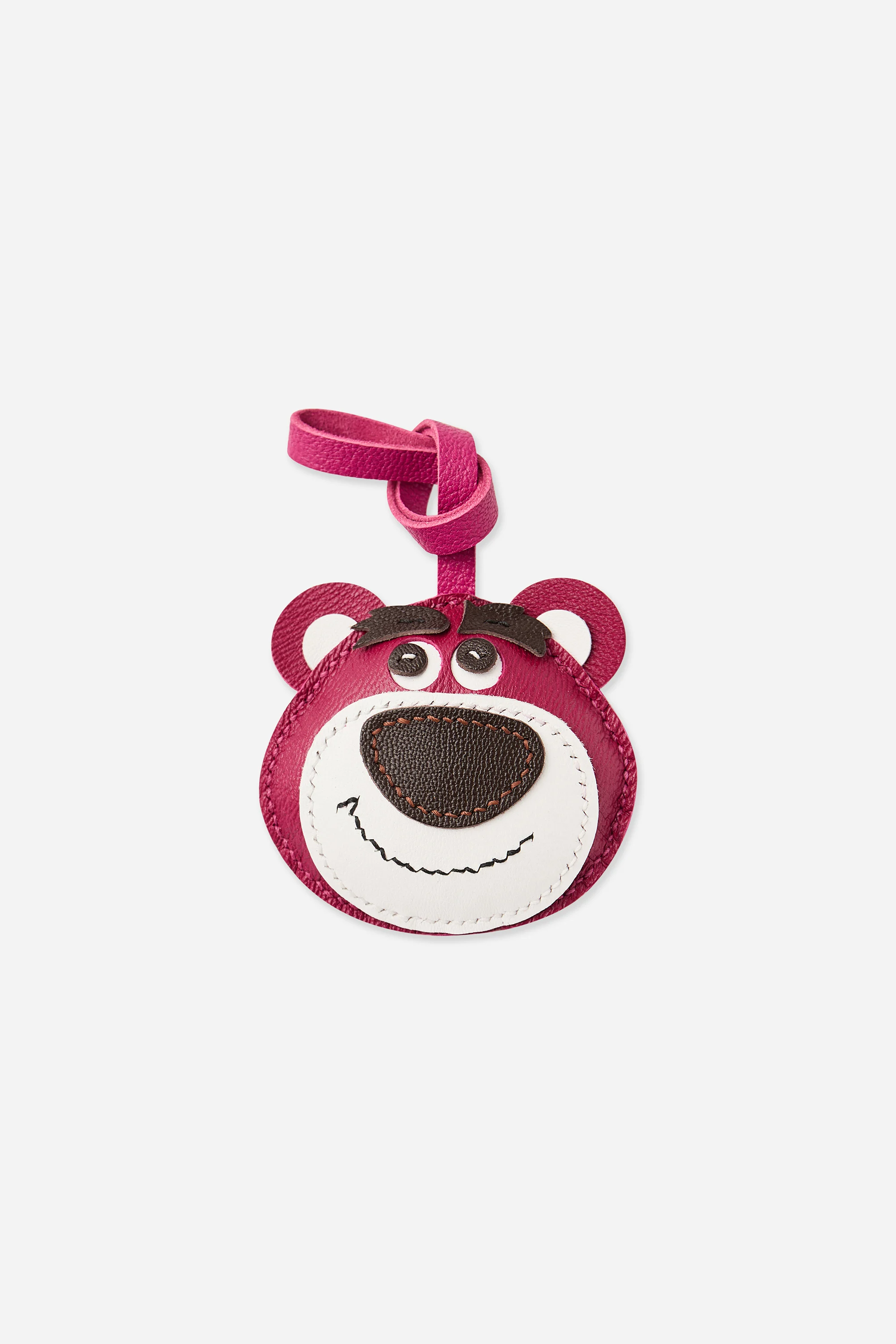 Handgefertigter Leder-Taschenanhänger Niedlicher Rosa Bär mit Großem Glücklichen Lächeln - Hängender Anhänger für Handtaschen, Canvas-Taschen & Schlüssel – Detail 4