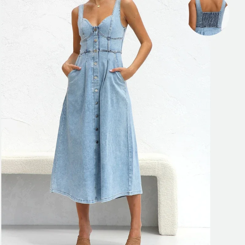 2026 Women Denim Dresses Long Dress Sling Sleeveless A Line Casual High Waist Maxi Elegant Vestidos largos Summer Y2k Streetwear