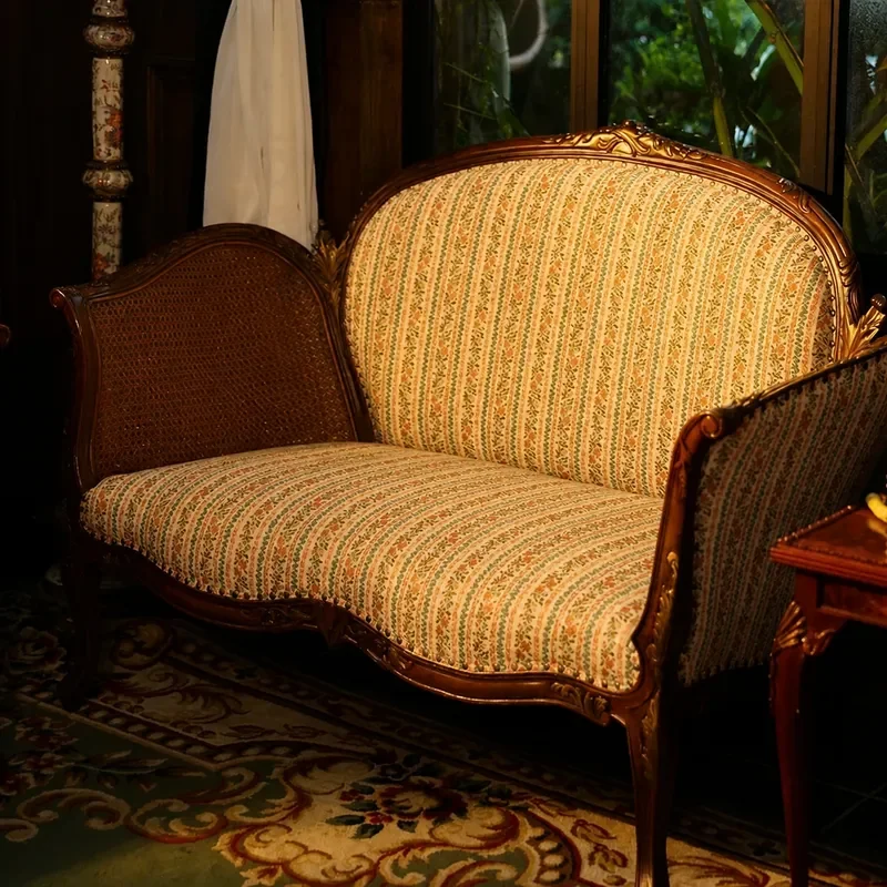 Retro Solid Wood Braided Rattan Jacquard Double Sofa Medieval Style Antique Carved Triple Seater for Studio Villa Club Living