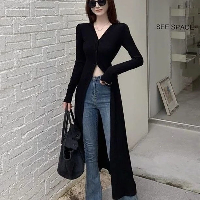 Women Long Black Slim Cardigan Spring 2024