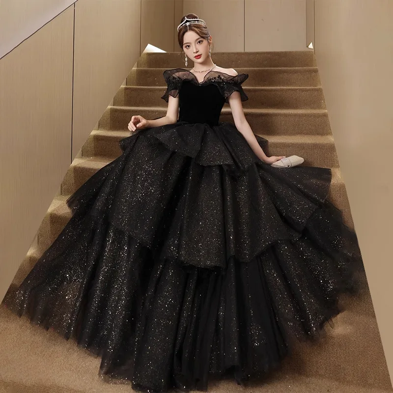

Black Shoulder Youth Graduation Evening Dress Women's High-end Light Luxury Niche Adult Ceremony Tutu Skirt Dinner Examination