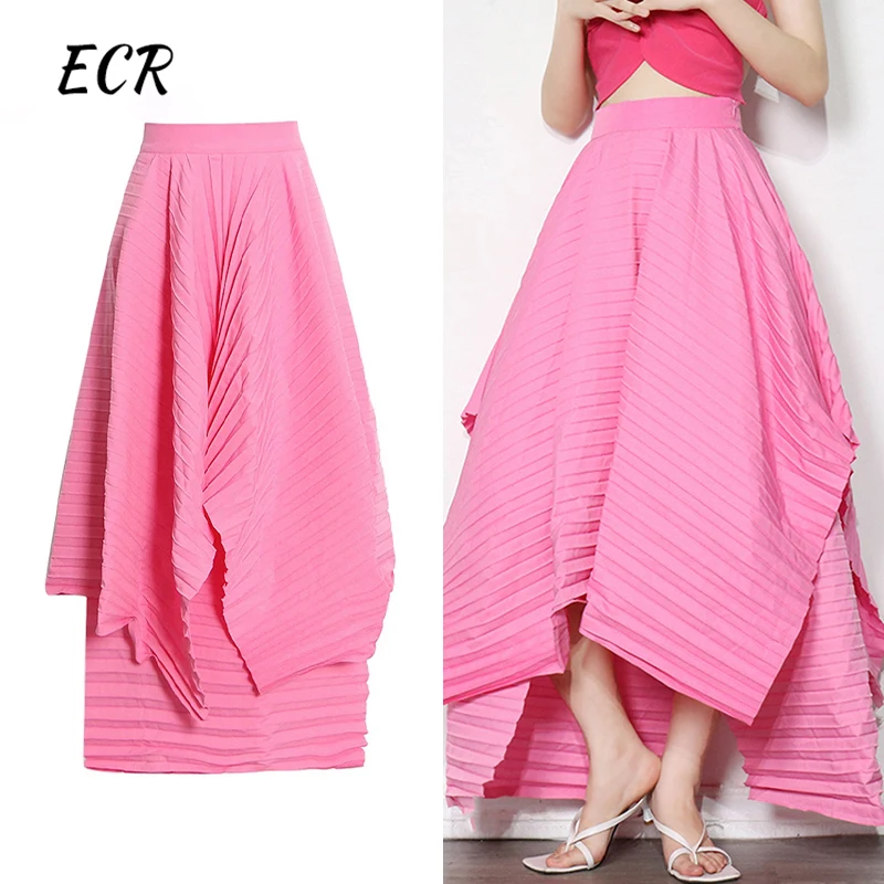 

ECR Solid Casual Irregular Hem Skirt For Women High Waist Spliced Zipper Minimalist A Line Ruched Skirts Female Fashion Style