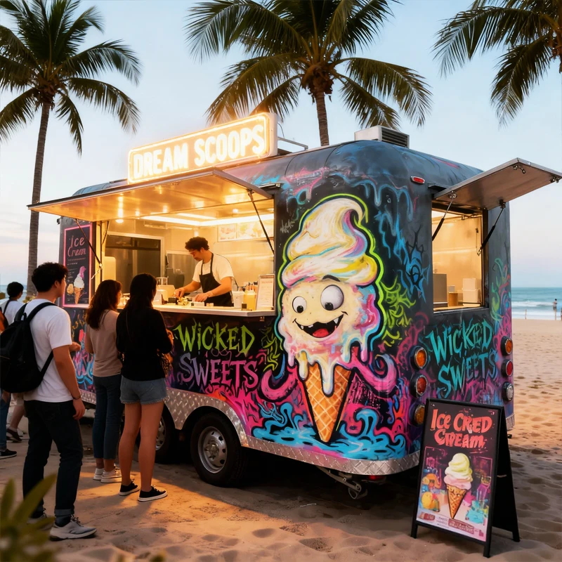 

Small Box Snack Food Stand Counter Refrigerator Workbench Fast Fully Equipped Truck Mobile Food Trailer with Full Kitchen