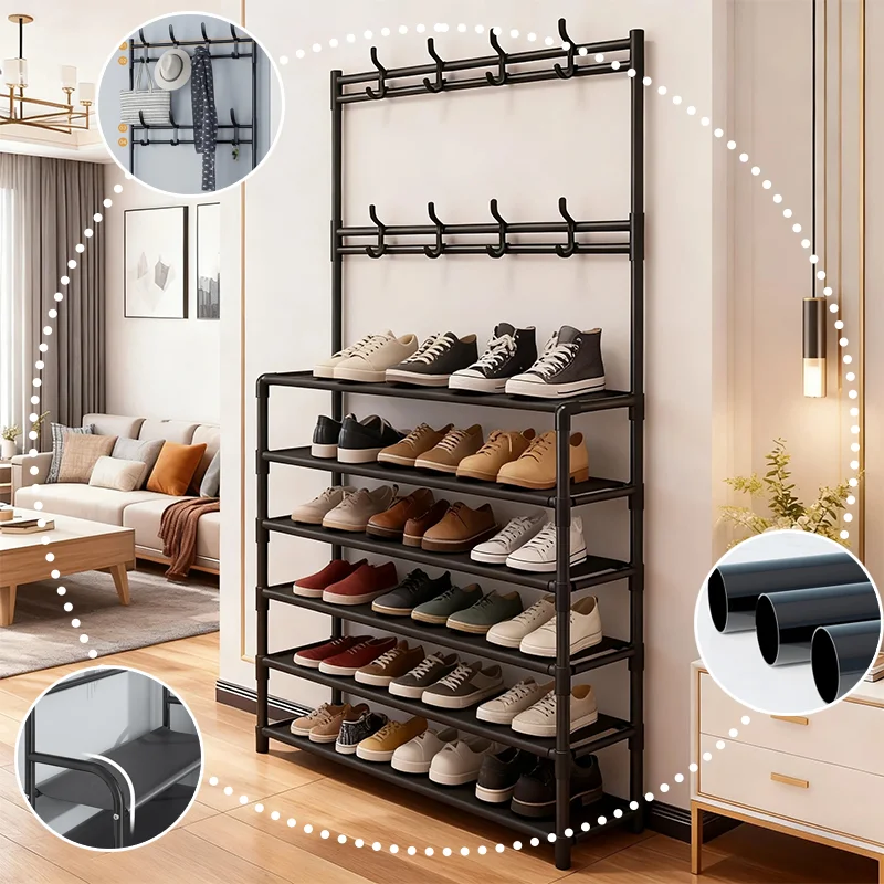 

Premium Multi-Tier All-in-One Metal Floor Standing Shoe & Coat Rack with 8 Hooks Hat Hanger for Hallway Entrance Home Apartment