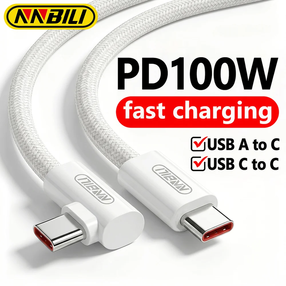NNBILI 100W Elbow 90° USB C to Type C Fast Charging Cord USB A to Type C Data Cable For Huawei Samsung Xiaomi Iphone16 17 Tablet
