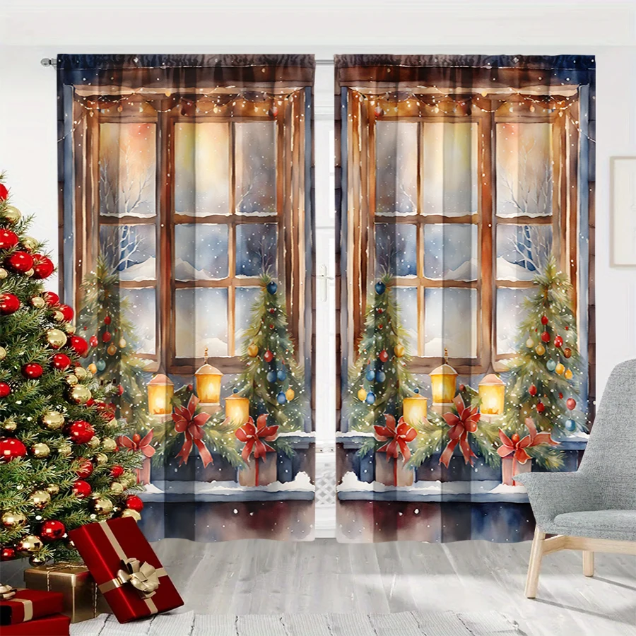 2PCS Digital Print Curtain, Watercolor Window Snow Scene with Christmas Trees Lanterns and Gifts, Red Bows, for Bedroom Decor