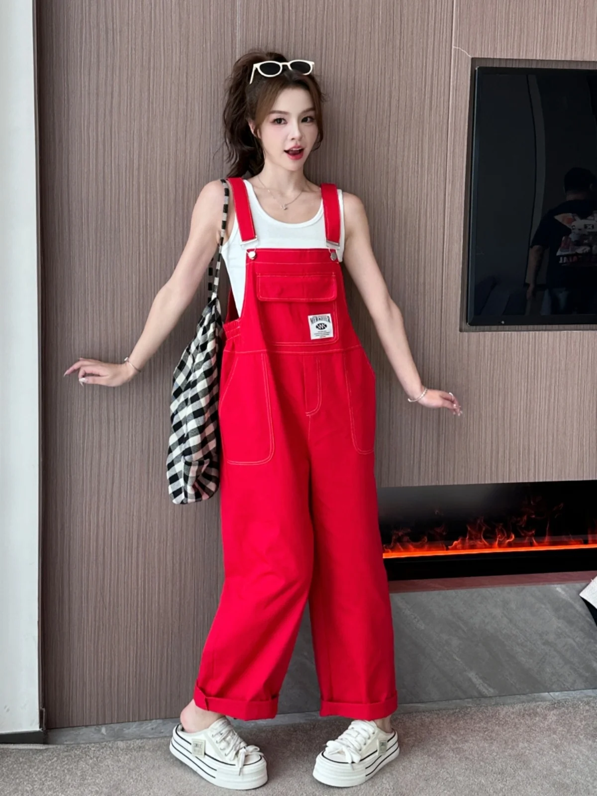 Red Denim Overalls Women's Loose Vintage Straight Leg Jumpsuit Trendy Street Style High Waist Casual Pants Fashion Set