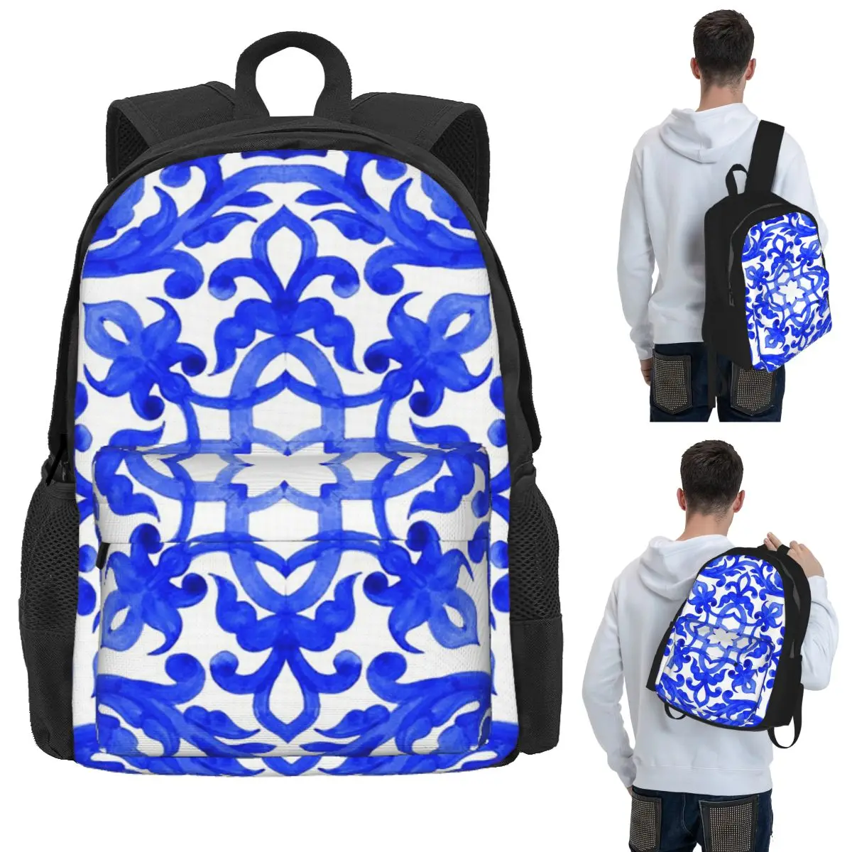 Portuguese Azulejo Tiles Student Backpack School Bag Hiking Travel Daypack for Men Women Bookbag Shoulder Bags