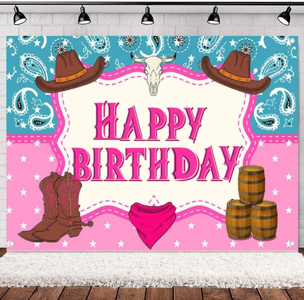 

Cowgirl Birthday Photography Backdrop Banner For Girls Kids Pink Decor Wild Western Horse Cowboy Hat Theme Party Background