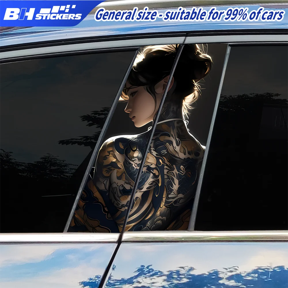 Japanese Tattoo Girl Car B-Pillar Stickers Cool Anime Woman Decals Waterproof Door Window Pillar Protection Film Vehicle Wrap view 6