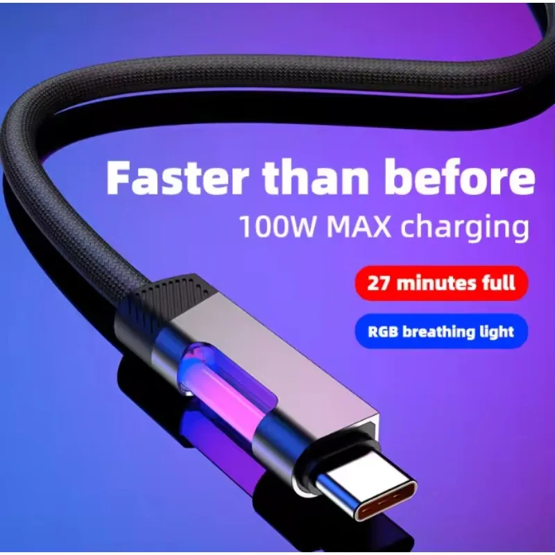 

100W Rainbow LED Light Braided Nylon USB To Type-C Fast Charging Cable for IPhone 16 15 Pro Max Plus Huawei Xiaomi Oppo Vivo