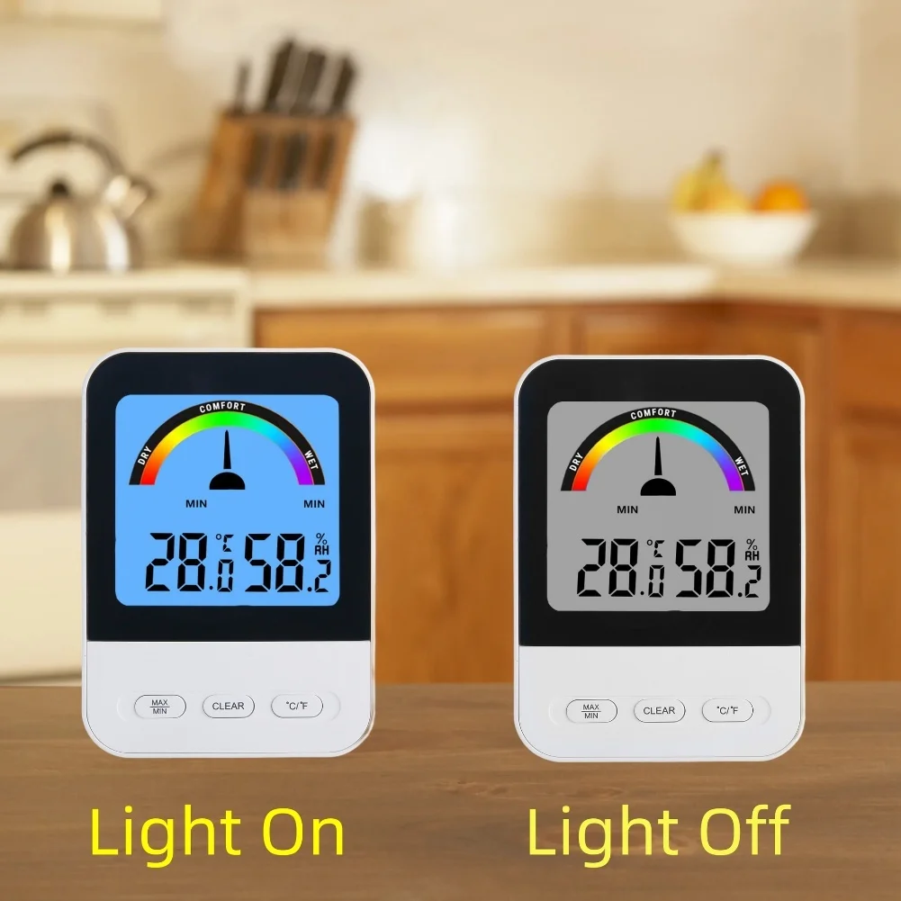 

Digital Indoor Thermohygrometer with Wet Dry Comfort Guide and 24 Hour Memory for Temperature and Humidity Tracking