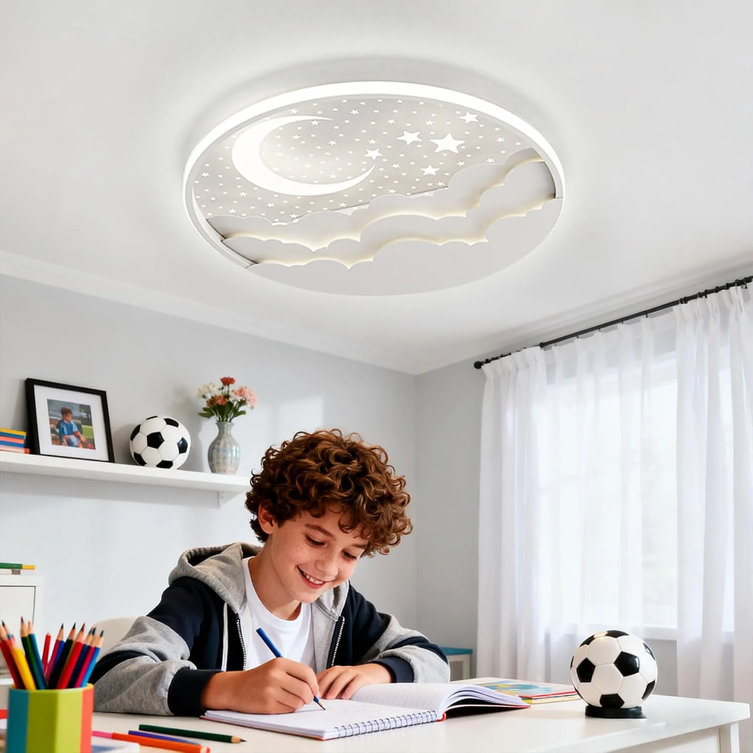 Led-plafondlamp voor kinderen, 50 cm Star Moon-plafondlamp kinderkamer dimbaar met app-afstandsbediening, 3000-6000K, voor jongens meisjes kinderkamer - afbeelding 2