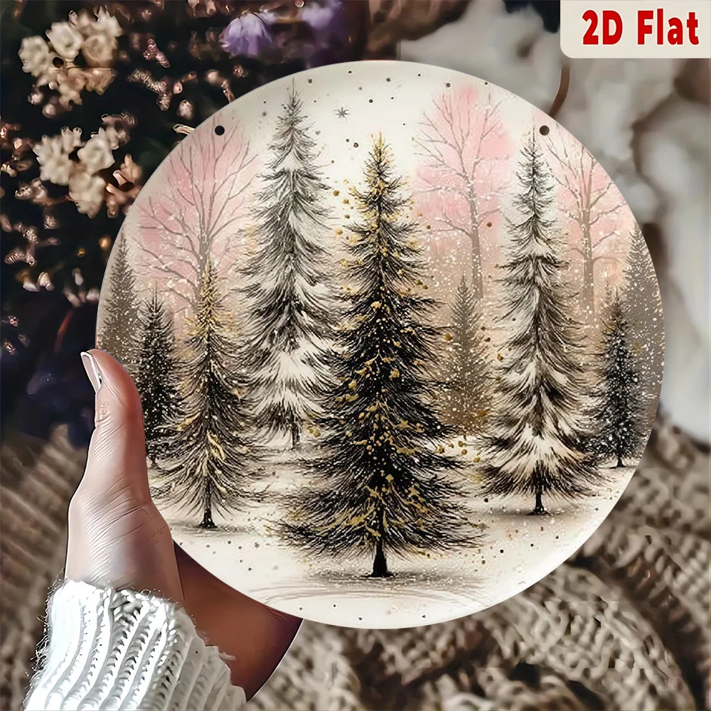 2D Flat, Round Retro Winter Snow Scene Wall Decor Sign - Hanging Decoration Suitable for Christmas, New Year', Valentine', Thank