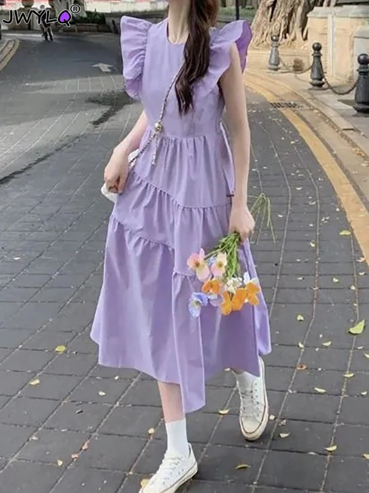 

Backless Design Sundresses Female 2023 Summer French Pure Color Dress Korean Fashion Bow Elegant Midi Dress For Women Party Y2k