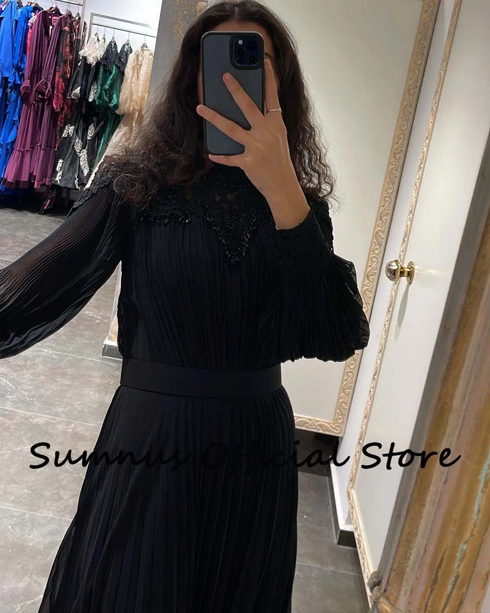 Sumnus Royal Blue Chiffon Dubai Evening Dresses High Neck Lace Appliques Full Sleeve Black Saudi Arabia Formal Gowns with Belt