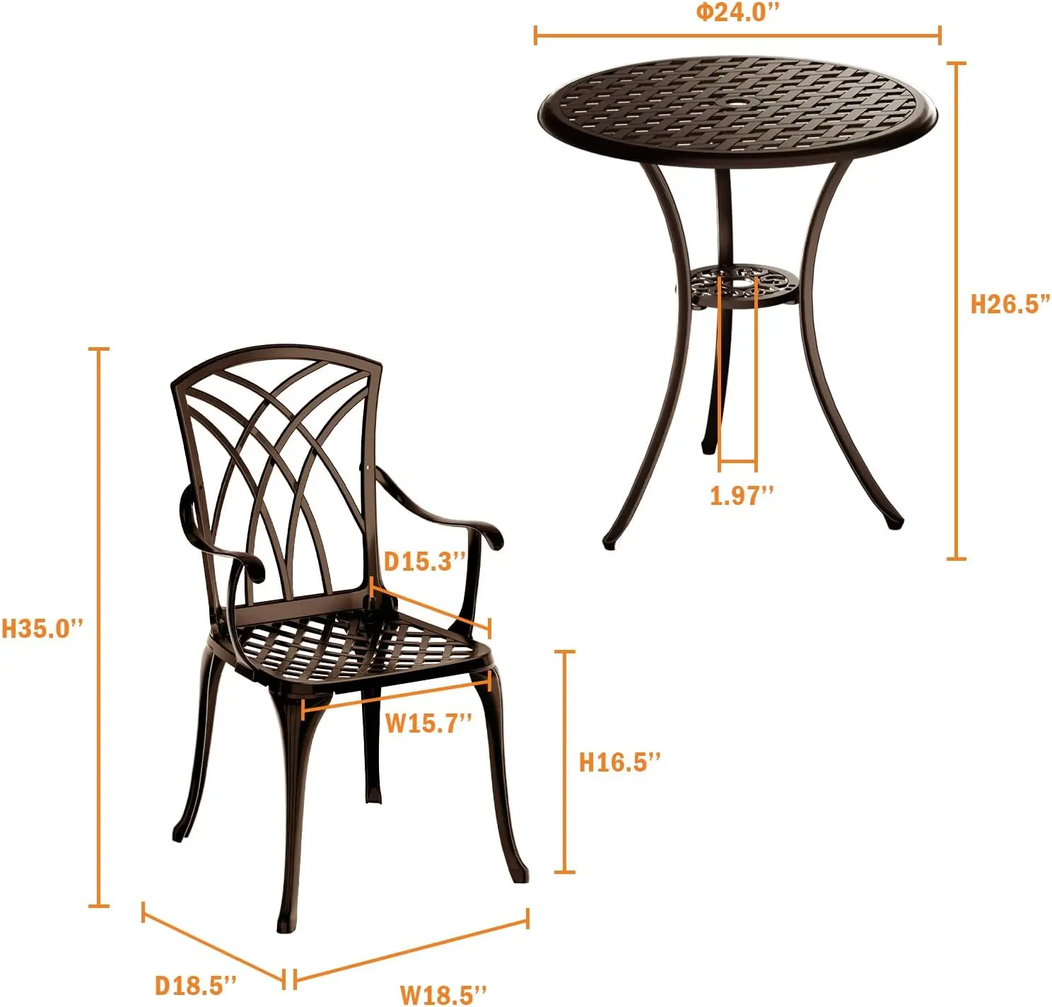 Bronze cast aluminum 3-piece rustproof bistro set for two people, round table with central umbrella hole, stable metal furniture for balcony, backyard and garden view 5