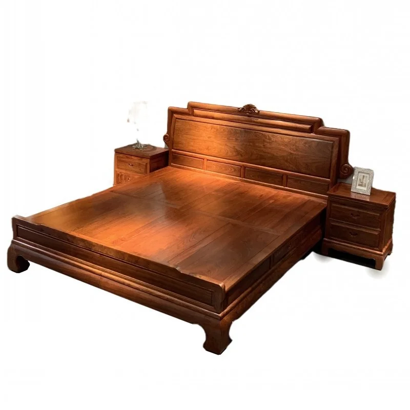 &Pinzi Furniture New Chinese Style Rosewood Double Bed 1.8m Hedgehog Design All Solid Wood Wedding Bed with Storage
