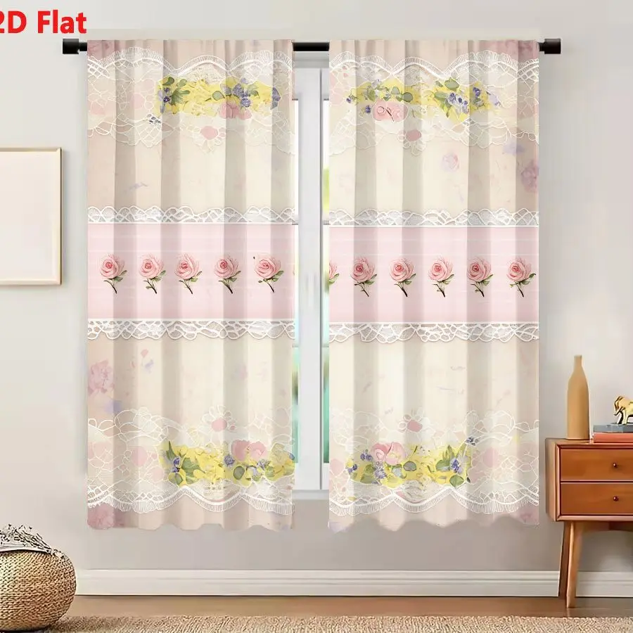 2Pcs Curtains 2D Flat Vintage Style Pastel Floral Decorative Wallpaper With Lace Trim And Pink Roses Window Drapes for Bedroom R