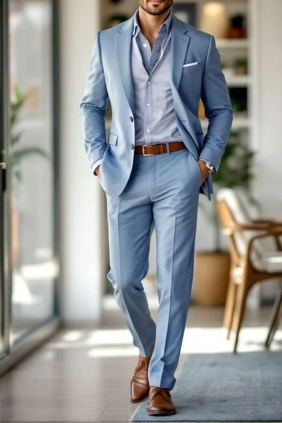 

Slim Fit Light Blue Men Business Suit 2 Pieces Notch Lapel Jacket Trousers Wedding Groom Casual Formal Outfit