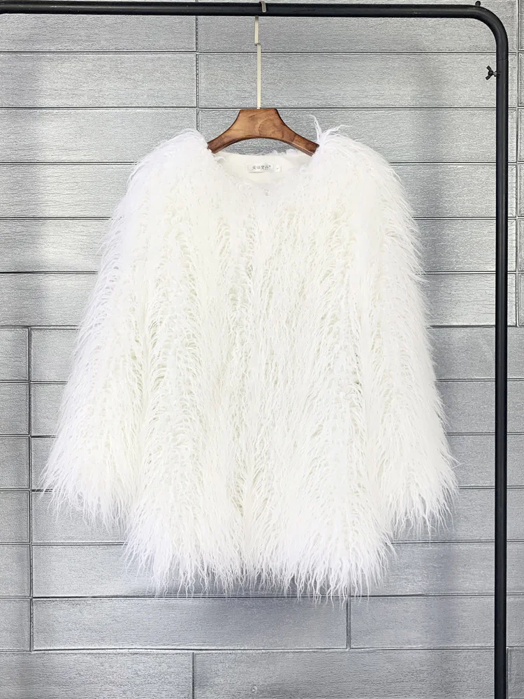 Solid color Wool Faux Fur Coat Women\'s Fur Coat Furry Pink/Purple Lamb Female Shaggy Sheepskin Coat Winter Artificial Fur Jacket