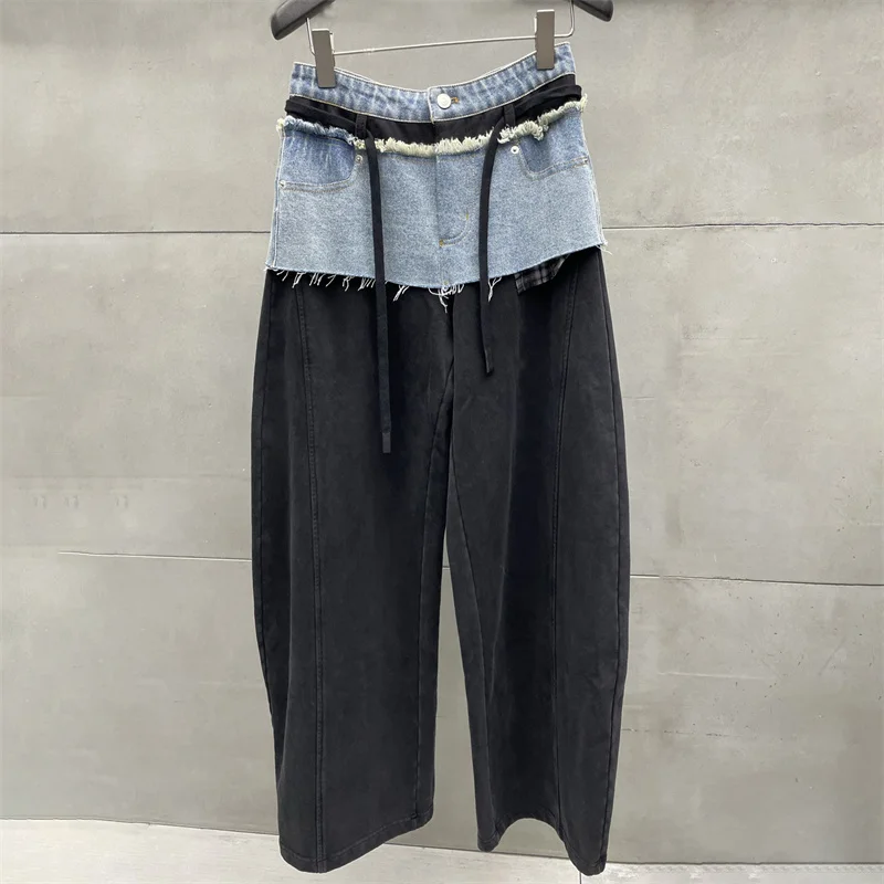 Women's pants New denim contrasting splicing straight leg pants for winter 2025 cotton blended low waisted floor pants trousers
