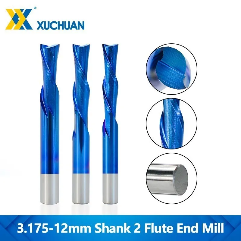 End Mill 2 Flute CNC Router Bits Nano Blue Coated Carbide Milling Cutter 3.175-12mm Shank Down Cut Sprial Milling Tools