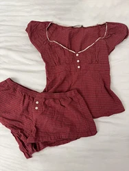 Red Plaid T-Shirt Shorts Set Women Lace-up Puff Sleeve Blouse+Buttons Straight Short Pants Vintage Cotton Sweet 2 Piece Sets Y2k