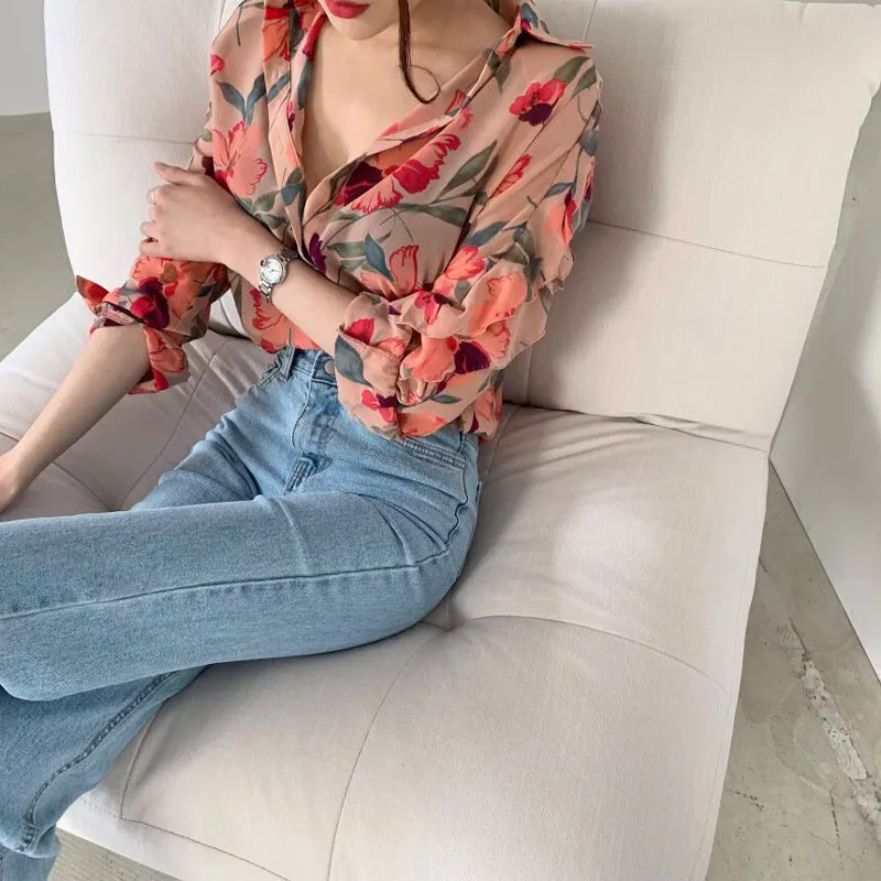 Vintage Fashion Floral Printed Blouse Spring Autumn New Long Sleeve Straight Women\'s Clothing Casual Single-breasted Lapel Shirt