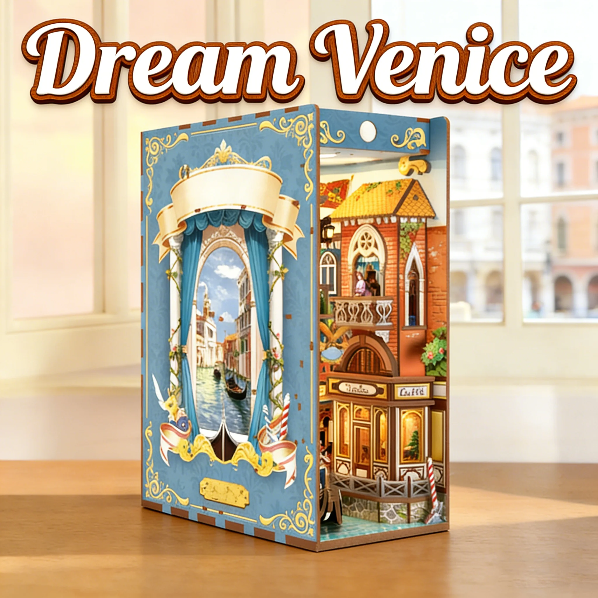 

Dream Venice DIY Book Nook 3D Wooden Puzzle Bookend Bookshelf Insert, Booknook Mini House Kit with Body Motion Sensor LED Light