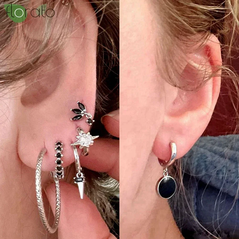 925 Sterling Silber Nadel Mode schwarz Zirkon Anhänger Ohrringe neue runde/Kreuz kleine Creolen für Frauen Piercing Schmuck