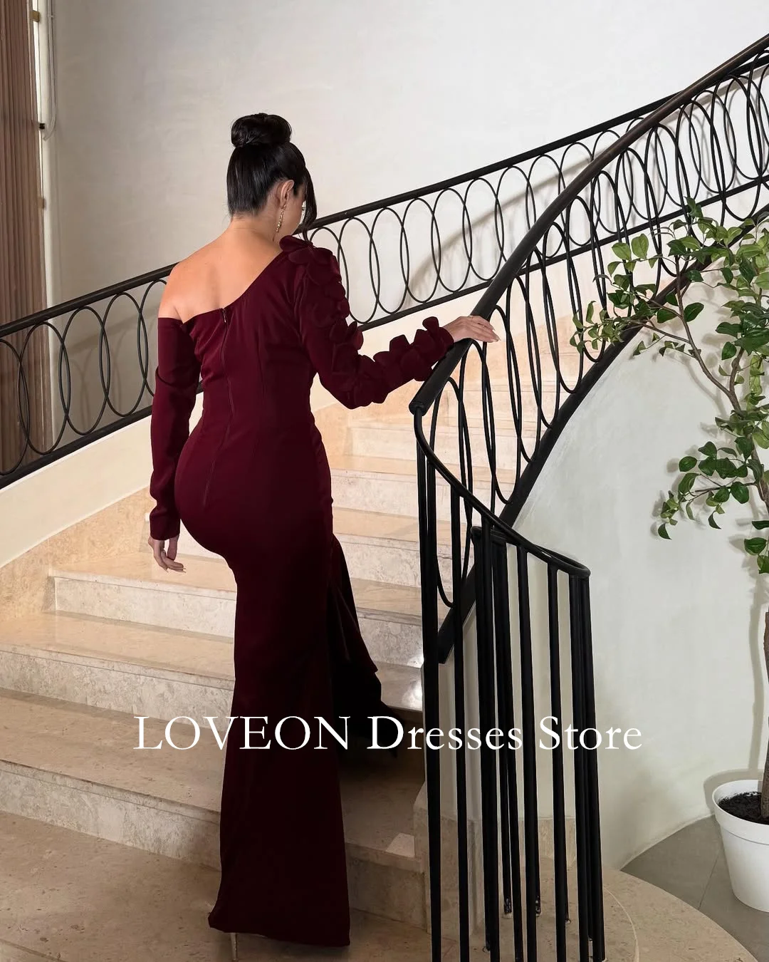 One-Shoulder Crepe 3D Flowers Formal Evening Dresses Pleat Long Sleeves  فساتين سهرة  Customized Elegant Prom Growns Party Women