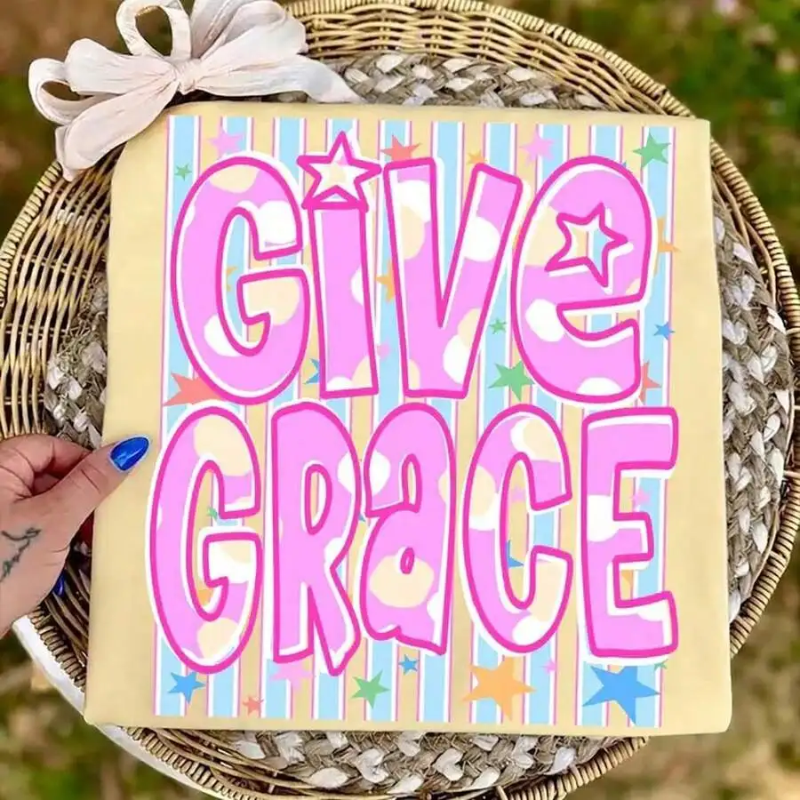 Women's Give Grace Retro Faith Blessing Quote Cute Star Pastel Stripes Print Loose Fit Summer Casual Short Sleeve Crew Neck Graphic T‑Shirt Tee Top
