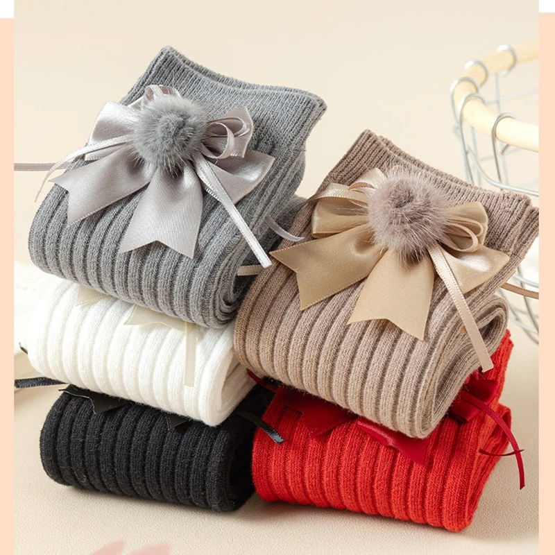 2025 جديد الفتيات جوارب طويلة إلى الركب بلون الكورية نمط القوس ديكور الأطفال الجوارب ربيع الخريف 3-8Y الاطفال موضة منتصف العجل الجوارب #5