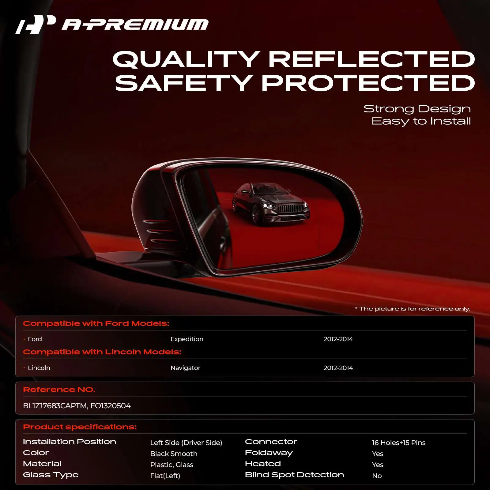 A-Premium Driver Side Power Door Mirror for Ford Expedition 2012-2014 Lincoln Navigator 2012-2014 Power Folding Heated