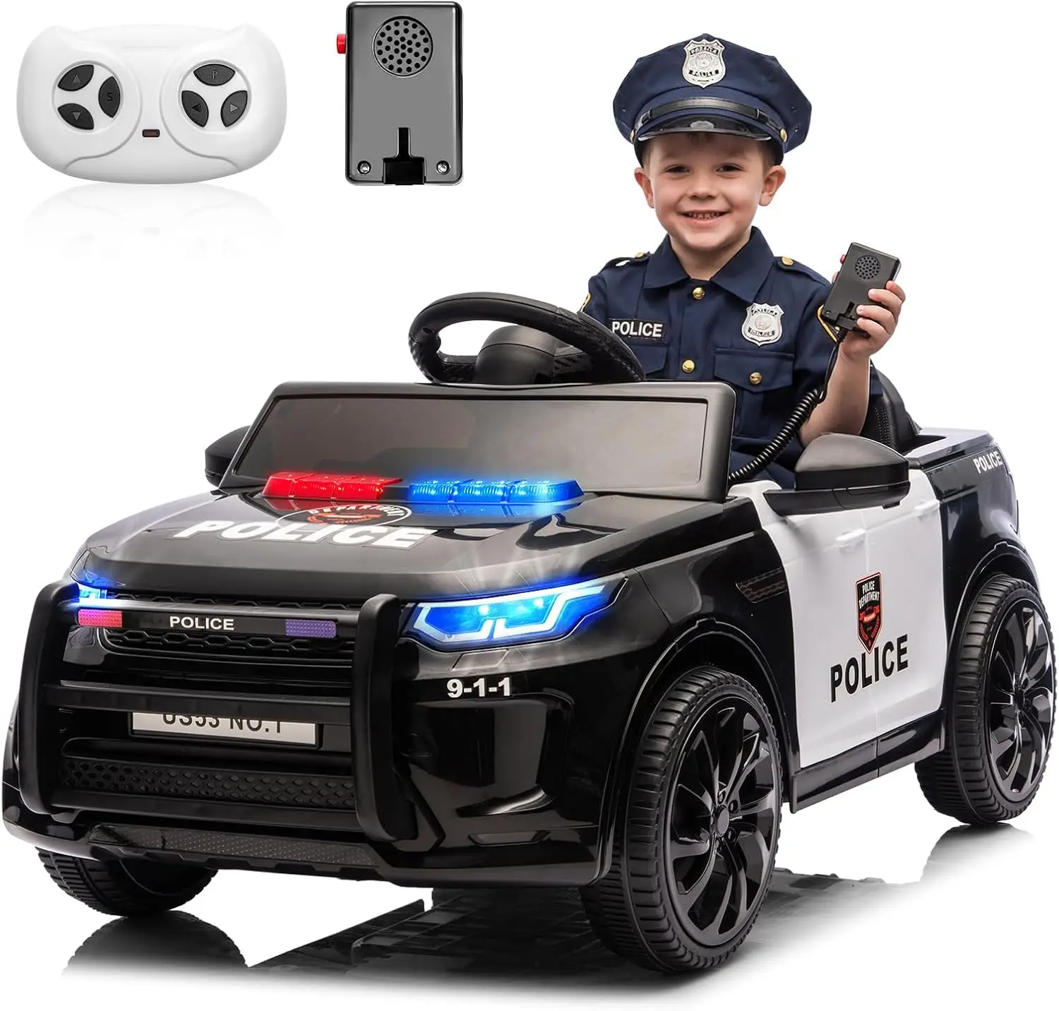 Garvee Electric Cars for Kids, 12V Police Car Ride on Toy w/Remote Control, Speaker, Warning Light, Music & Horn, Headlights, Sp