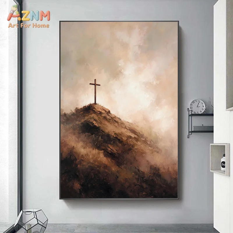 AZNM Neutral Christian Cross Canvas Wall Art Jesus Bible Religious Vintage Painting Faith Home Wall Decor Unframed view 3