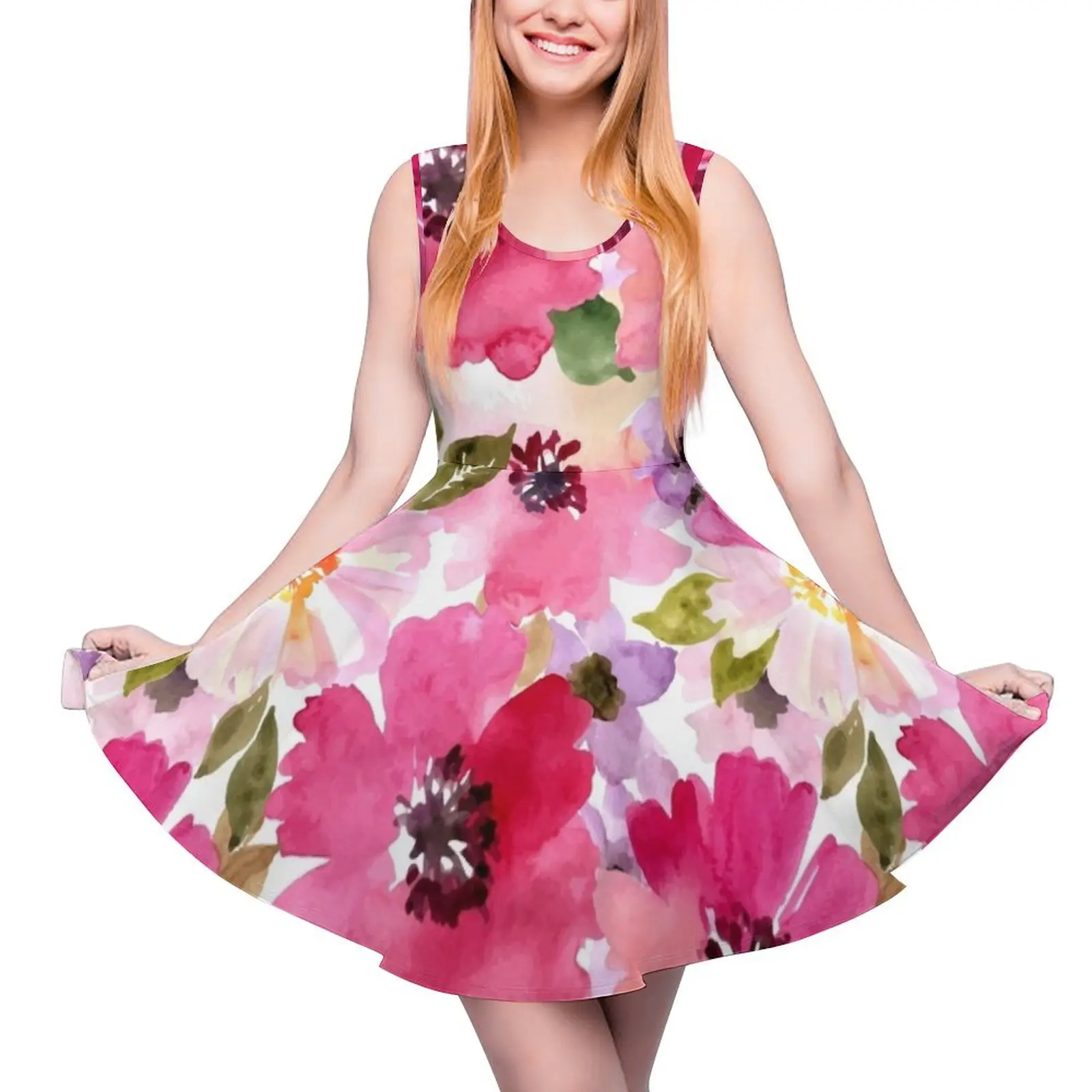 Vestido de flores de acuarela rosa fucsia sin mangas para mujer, vestidos elegantes de verano, conjuntos s