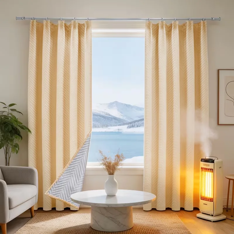 1pc Chevron Quilted Velvet Curtain, Thick Plush Lined Thermal Insulated Window Drape, Windproof Cold Blocking Curtain for Living
