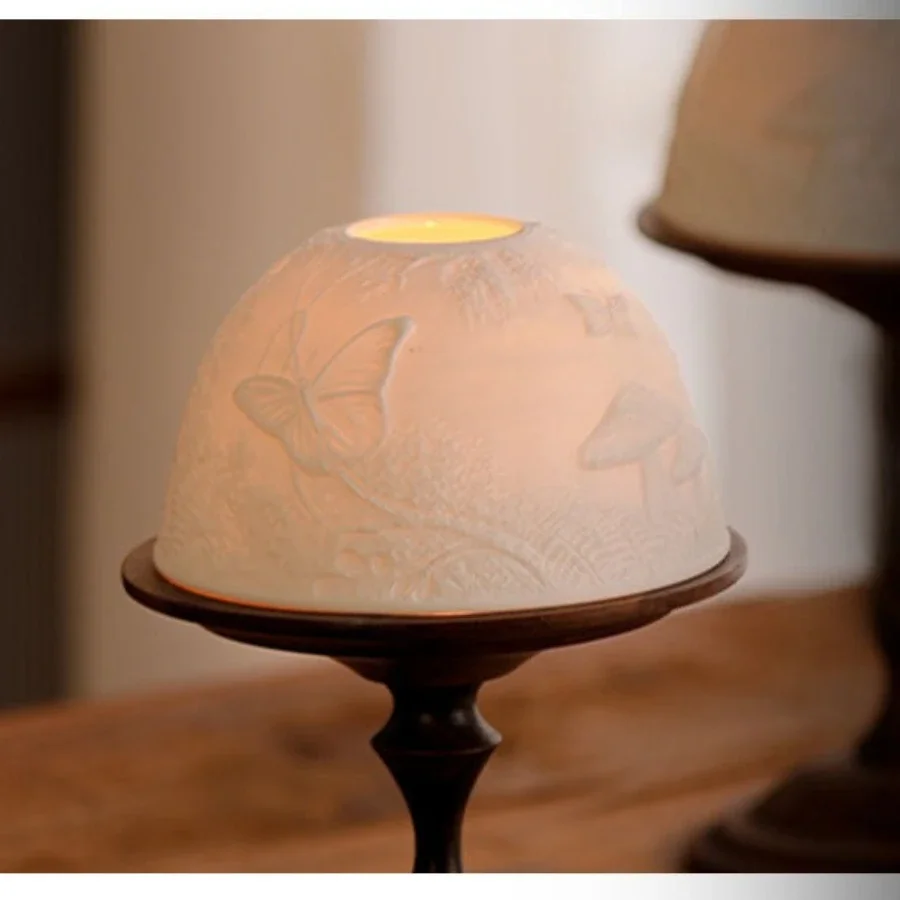 Embossed Forest Table Candlestick Ceramic Dome Shade with Butterfly Mushroom Relief Walnut Wood Base Night Light Decor Gift