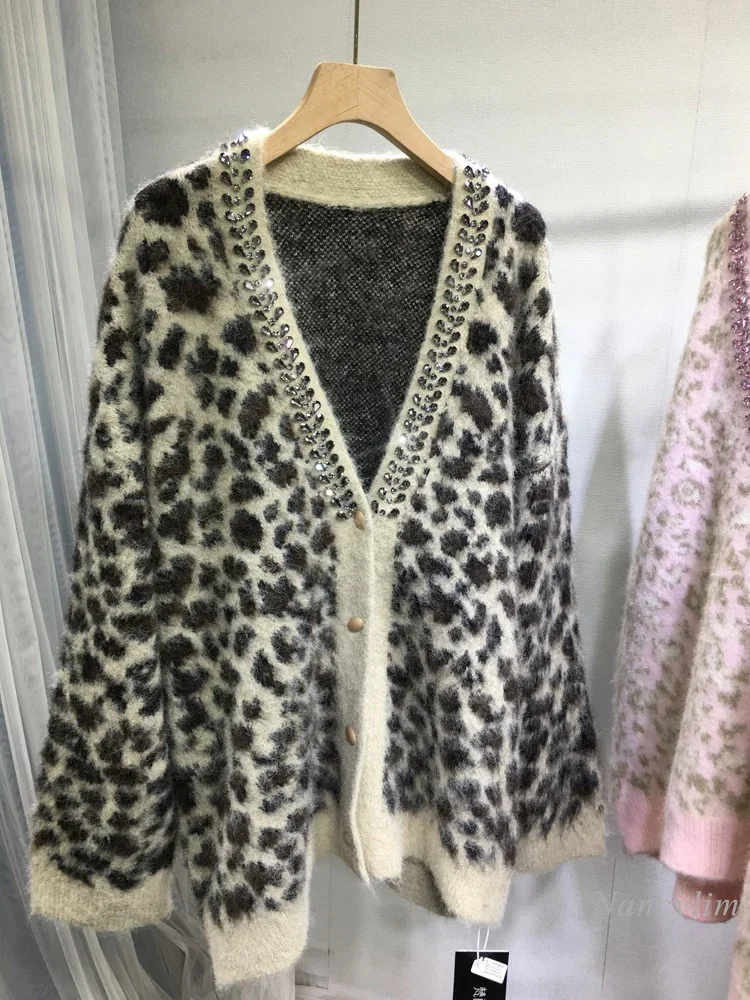 European Style Beaded Leopard Cardigan Loose Medium and Long Large Size Thickened Warm Knitted Sweater for Women Autumn Winter