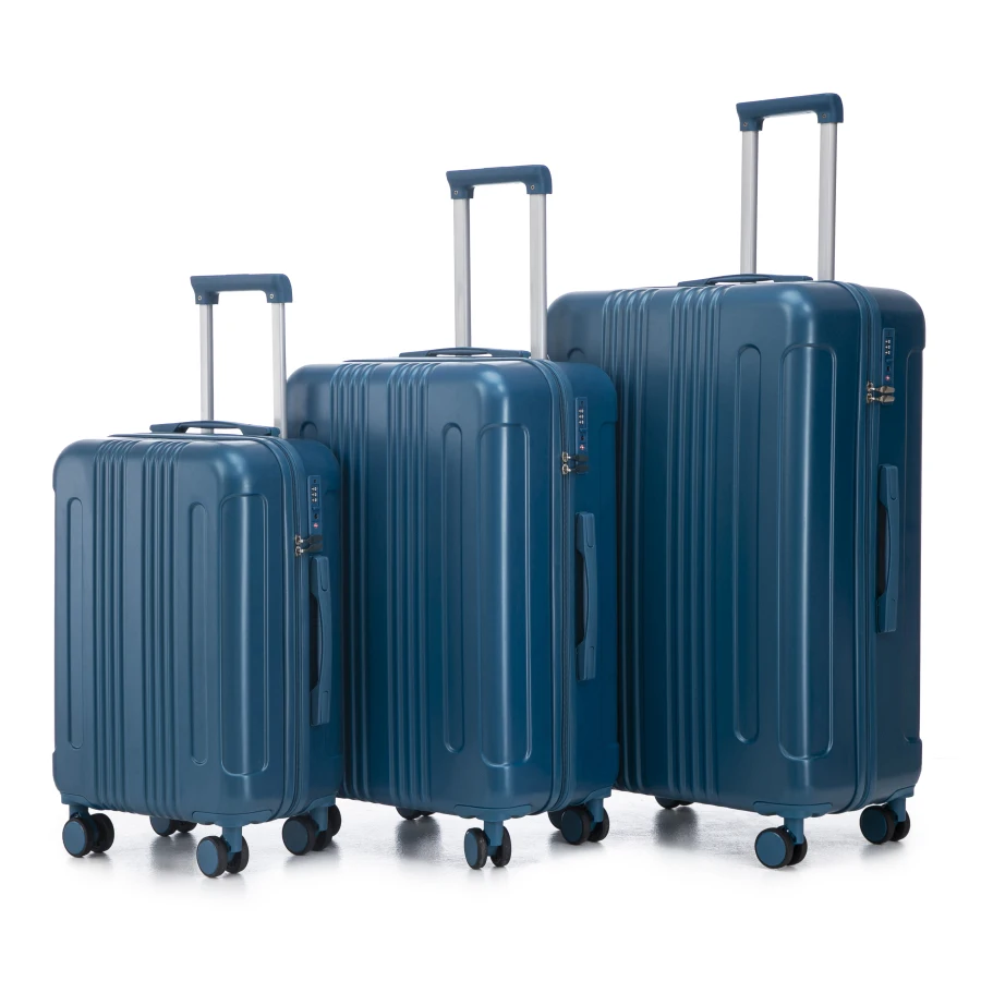 

Carry on suitcase set for travel, ABS material, dark blue color, 3 pcs/set with spinner wheels and TSA combination lock