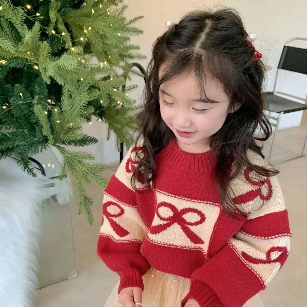 

Childrens sweater Thick Loose Childrens Autumn and Winter Fashion Knitted with Bow Top for Girls Red Sweater