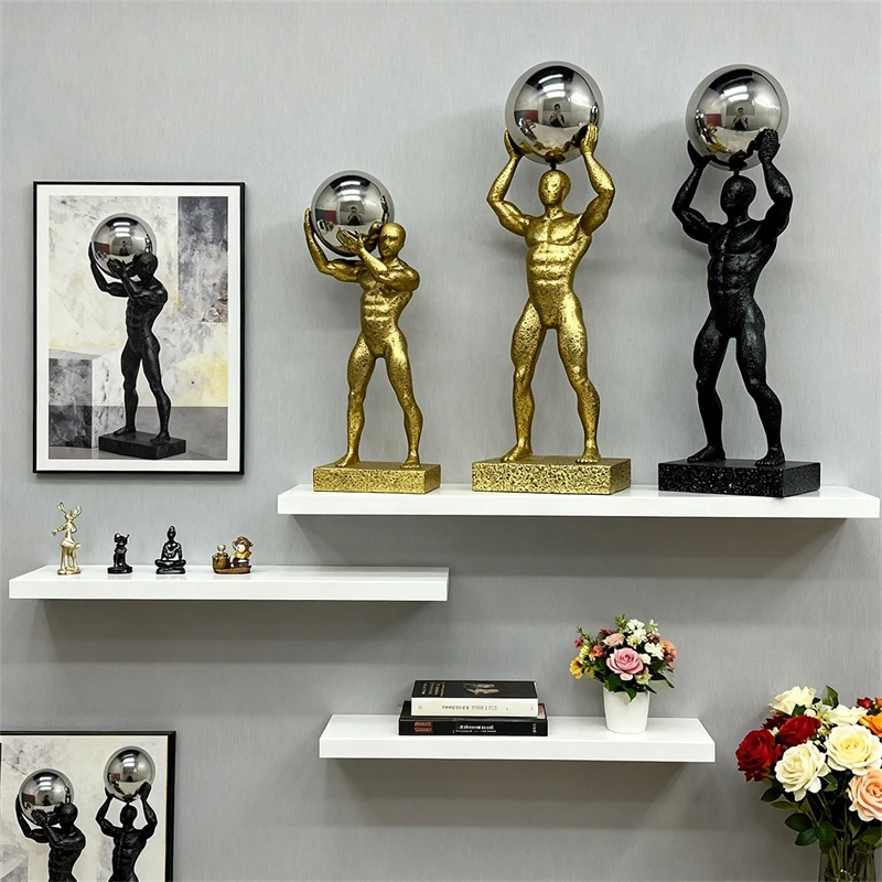 Resin Muscular Man Statue Holding Ball Modern Light Luxury Sculpture For Entryway Table Desk Study Power Art Decor For Men Gift
