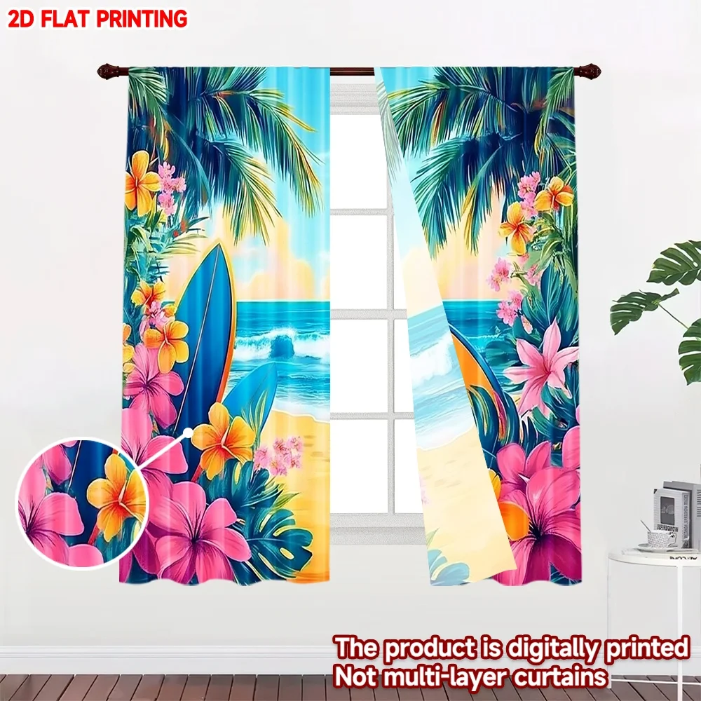 2D flat printing 2pcs Curtain Tropical Beach Paradise Digital Printed Polyester Drapes Birthday Party Perfect for Door Wall Yard