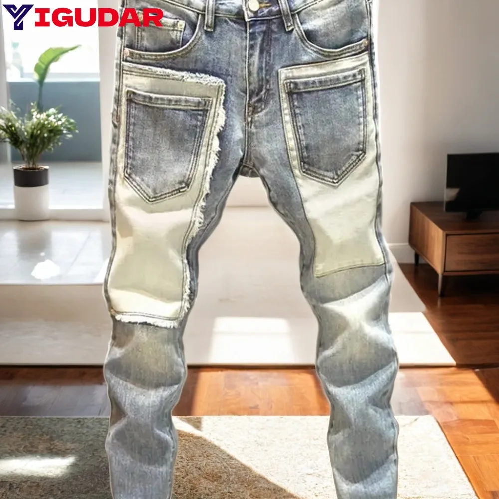 

2024 Four Seasons Men's Jeans Vintage Blue Solid Color Elastic Classic Jeans Men Slim Fashion Denim Trousers Male personality