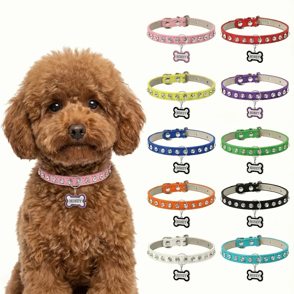 

Custom Faux Leather Diamond Dog Collar Personalized Durable PU Leather Collar for Small Medium Dogs Cats Pets